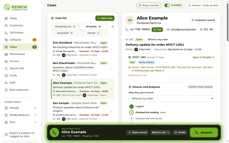 The Cases page: a case list on the left and an open case for a delivery update, linked to its Shopify order.