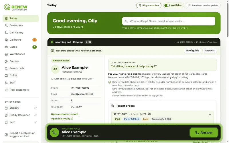 Customer Care's Today page: a known caller is ringing, with their Shopify details, recent orders and a suggested opening line already on screen.