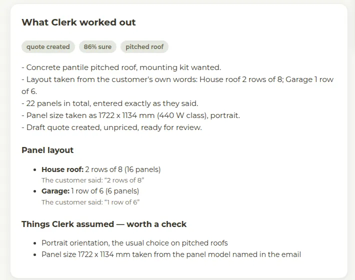 Clerk's summary: a pitched concrete pantile roof, 22 panels laid out exactly as the customer described, and the assumptions it made, flagged for a person to check.