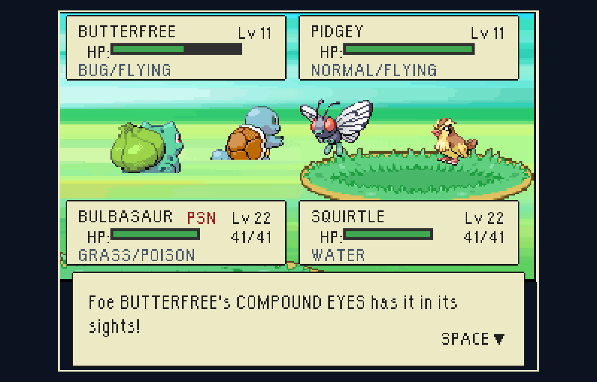 A double battle: Bulbasaur and Squirtle against Butterfree and Pidgey.