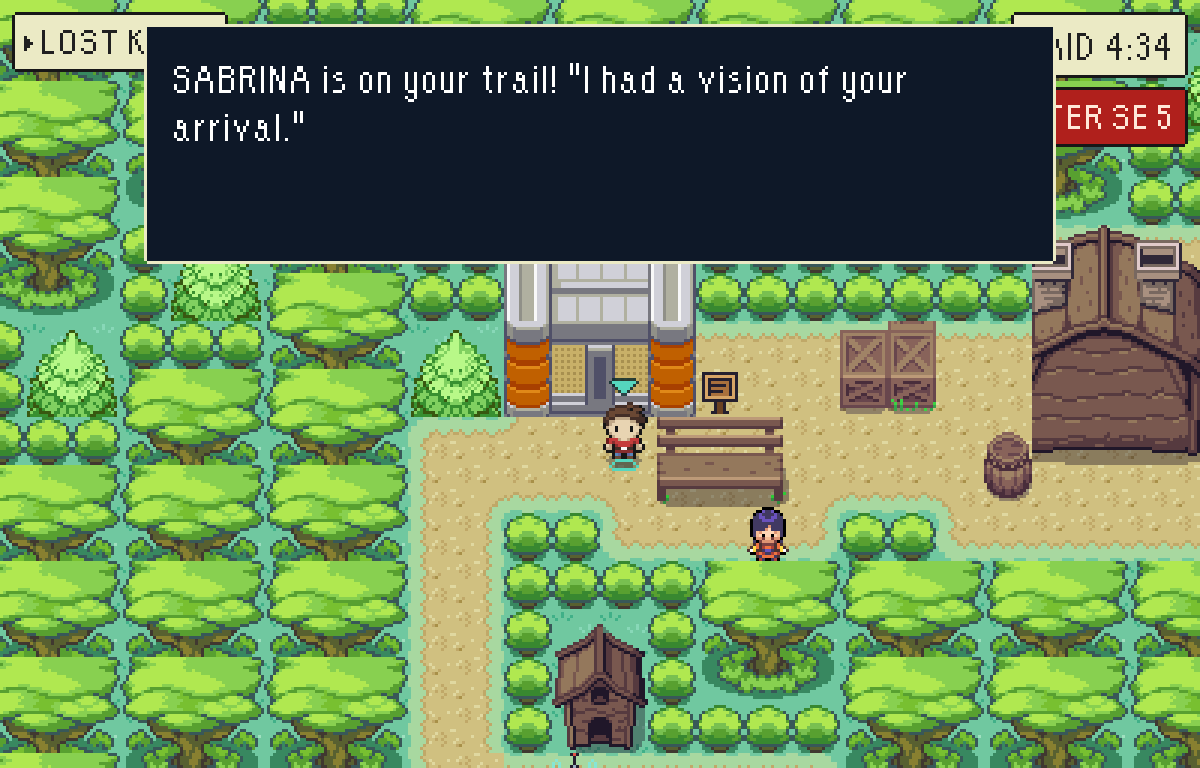 Mid-raid in the forest: a dialogue box reads 'SABRINA is on your trail! I had a vision of your arrival.' The raid clock shows 4:34.