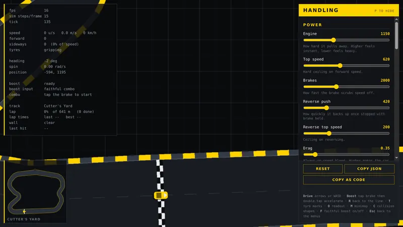 SHUNT's handling lab: a yellow car on the start line of a hazard-striped circuit, live telemetry on the left, a minimap of Cutter's Yard, and a Handling panel of sliders for engine, top speed, brakes and drag.